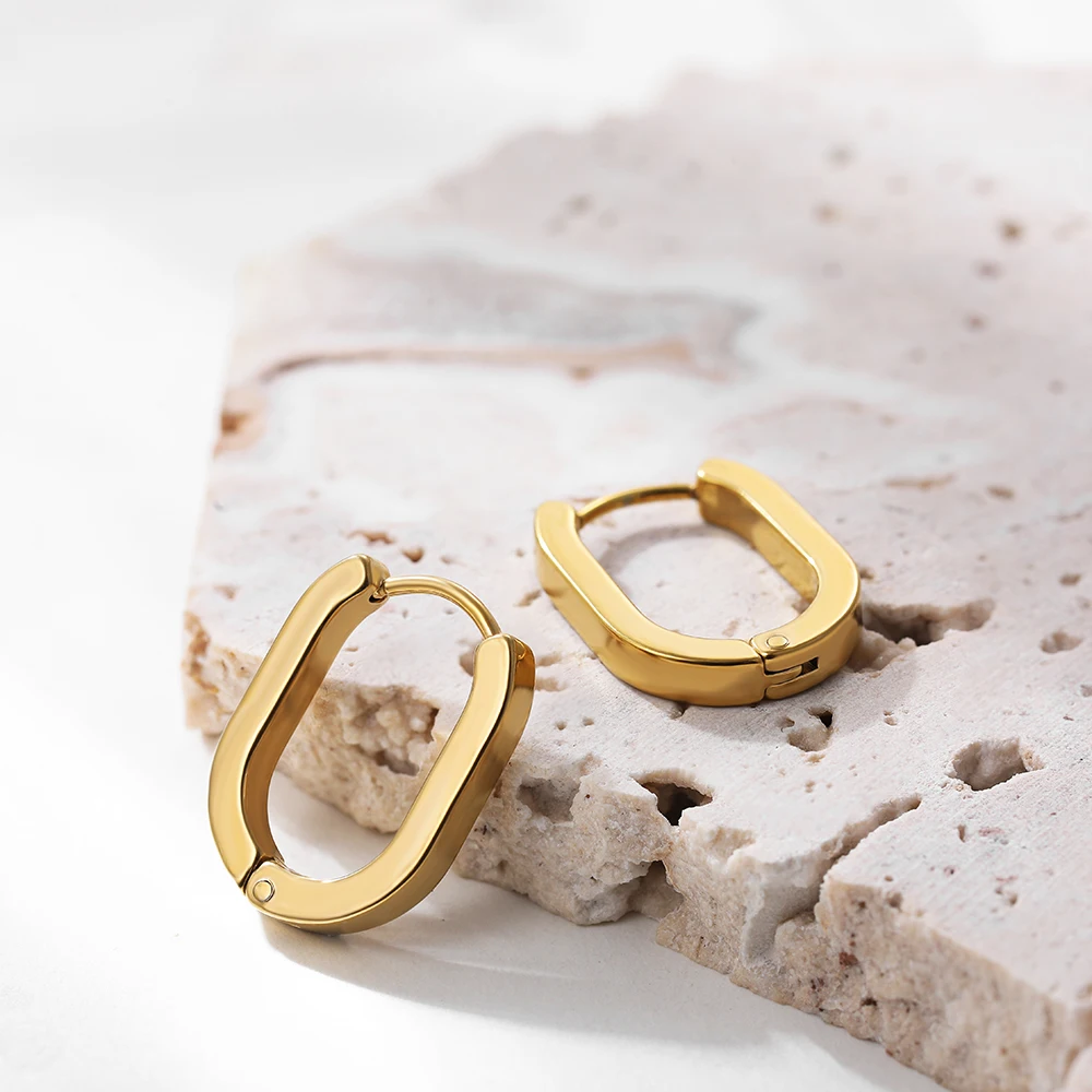 Geometric Oval Gold Color Stainless Steel Hoop Earrings for Women Men Piercing Huggie Earring Ear Buckle Punk Rock Jewelry