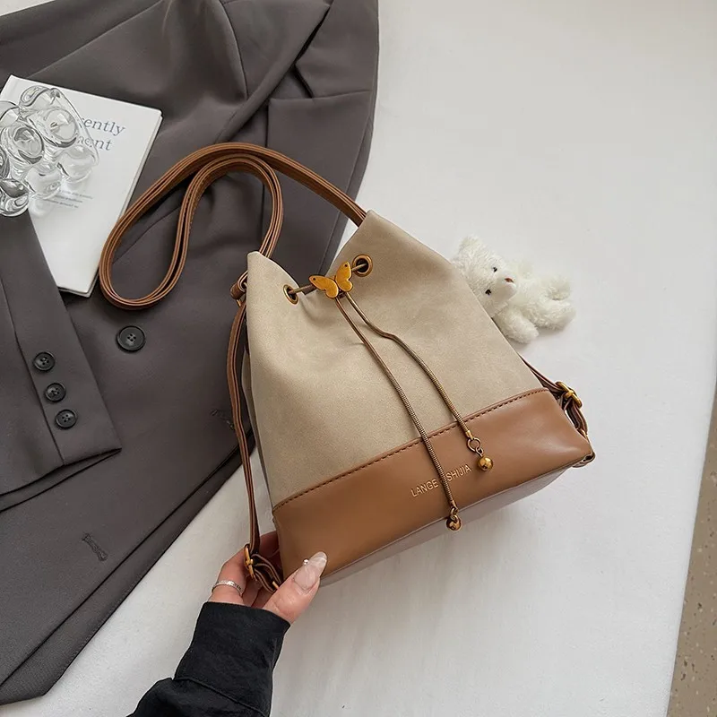 Women Faux Suede Drawstring Crossbody Purse with 2 Strap Medium Tote Bag for Travel Shopping Daily Use