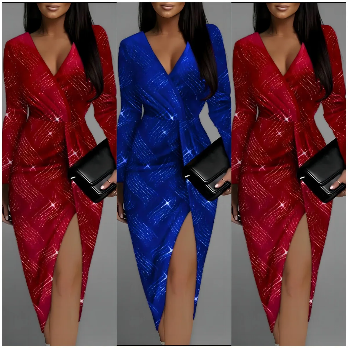 

2023 Fall Fresh Sweet Women's New Fashion Sleeve Sexy V-neck Irregular Split Midi Skirt High Waist Slim Temperament Dresses