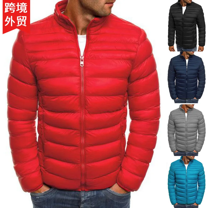 Winter men's simple solid color cotton-padded jacket foreign trade fit slim  zipper winter women s cotton padded jacket mid length slim fit waist warm down jacket solid color zipper hooded top