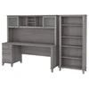 72W Office Desk with Hutch 5 Shelf Bookcase Bundle Platinum Gray Wire Management Concealed Storage Adjustable Shelves Modern 1