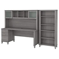72W Office Desk with Hutch 5 Shelf Bookcase Bundle Platinum Gray Wire Management Concealed Storage Adjustable Shelves Modern 1
