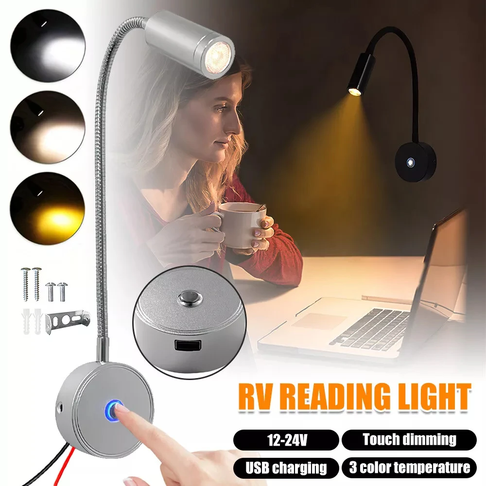 DC12V 24V RV Dimmable Reading Lamp with Type C USB Charger,Touch Switch 2 USB Charging Ports LED Light for Boat Camper Van Trail 2