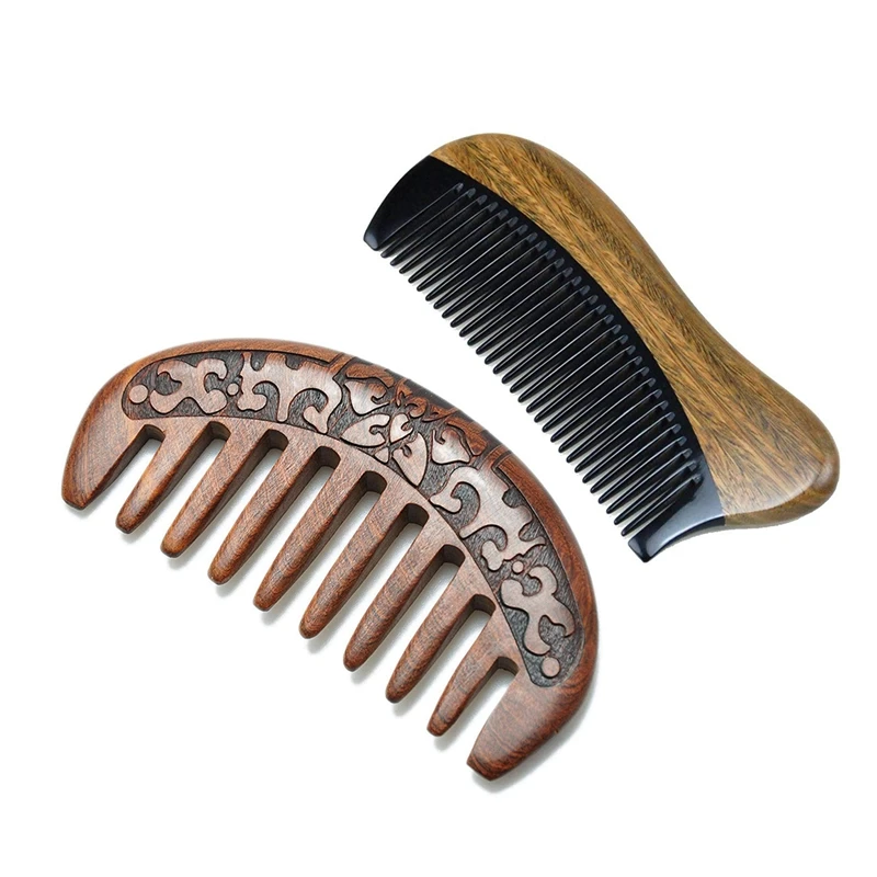 

2 Pcs Anti Static Natural Wooden Hair Comb: 1 Pcs Fine Tooth Green Sandalwood Comb Black Buffalo Horn Comb & 1 Pcs Wood Comb Flo