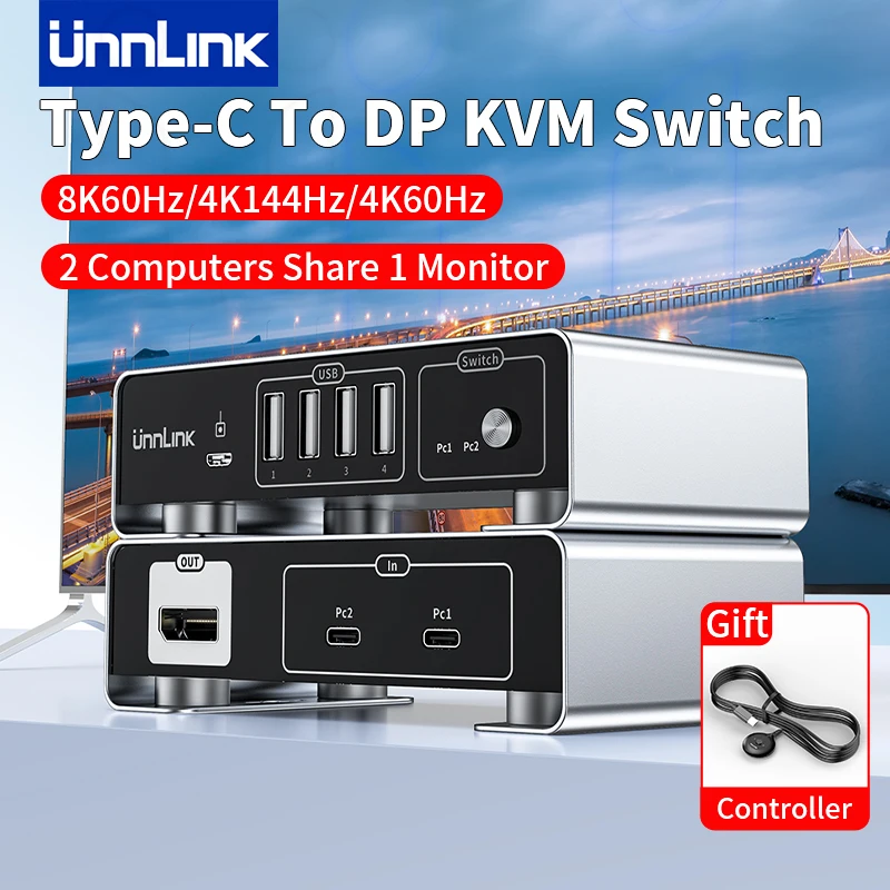 

Unnlink USB C to DP KVM Switch 8K 60Hz 4K 144Hz Type C Thunderbolt 3/4 to DP KVM Switcher for Macbook PS5 Laptop to TV Monitor