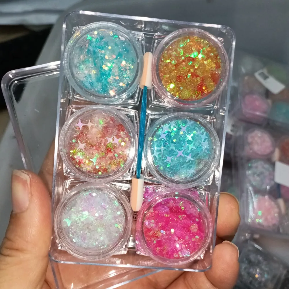 6 Colors Face Glitter Gel Body Shimmer Makeup Sequin for Hair Face Nail Eyeshadow Cream Gel Glitter Rave Festival Party Glitter 3
