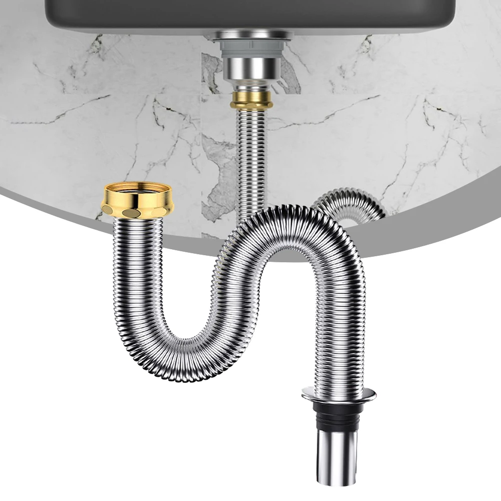 Drainpipe Connector 40/60cm Sink Connection Stainless Steel Siphon Waste Drain Flexible Pipe Hose Flexible Heat Resistant Wash Basin Drainer