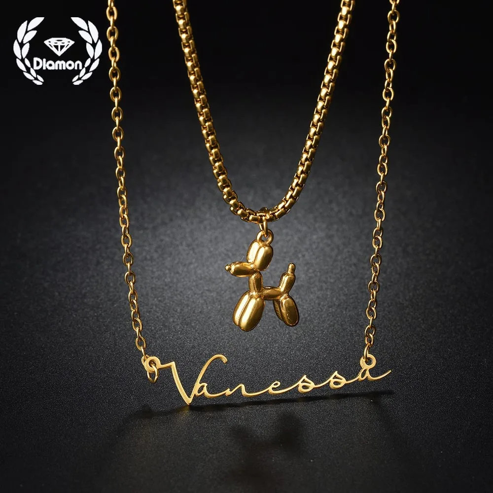 

Diamon Necklace Personalized Stainless Steel Customized Name Pendant Double Layers Air Dog Choker Chain for Women Jewelry Gift