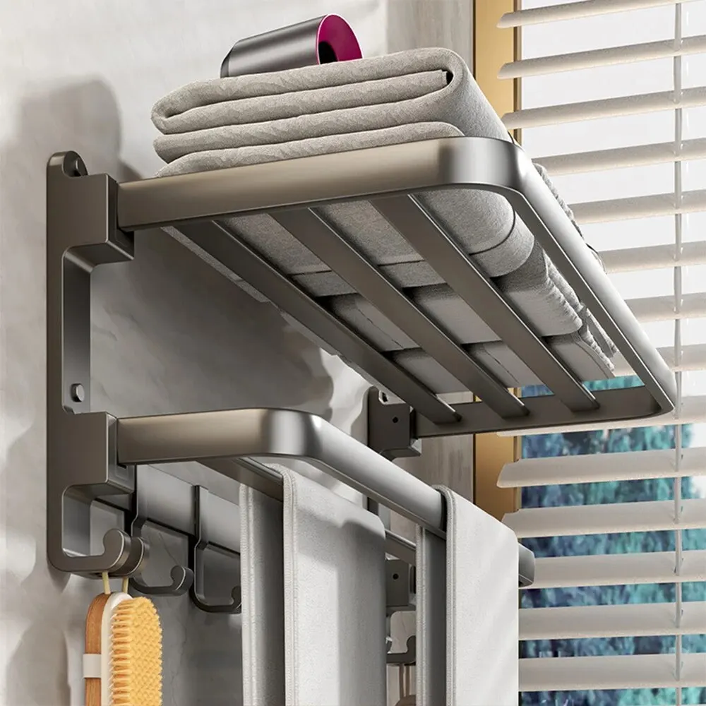 Towel Rack Bi-Fold 24 Inch Towel Storage Wall Mount With Bar Holder Shelf Movable Hooks Rust Proof For Bathroom