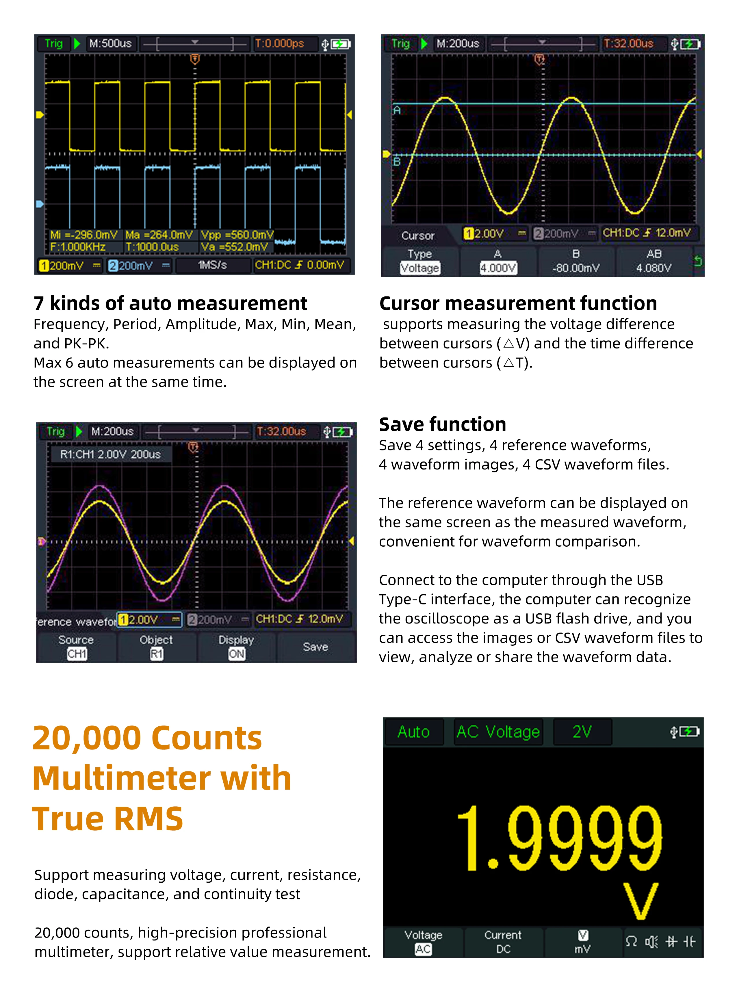 HDS242S HDS272S HDS2102S HDS2202S Handheld Digital Oscilloscope 200MHz 1GSa/s 2C