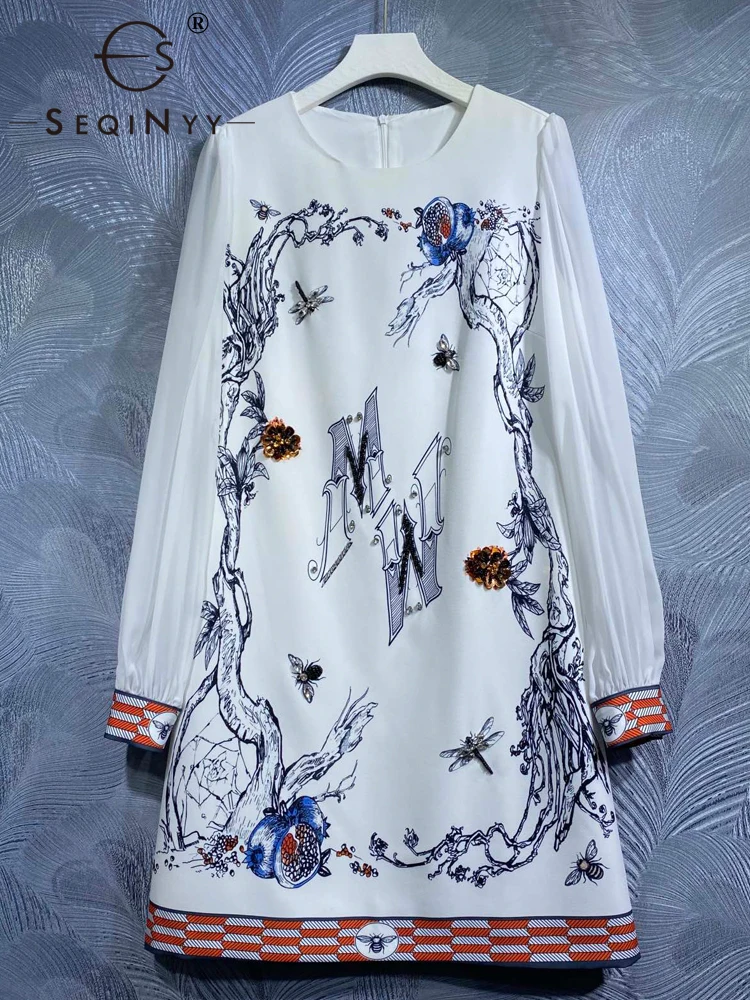 

SEQINYY White Mini Dress Summer Spring New Fashion Design Women Runway High Street Vintage Flower Print Beading Sequined Casual