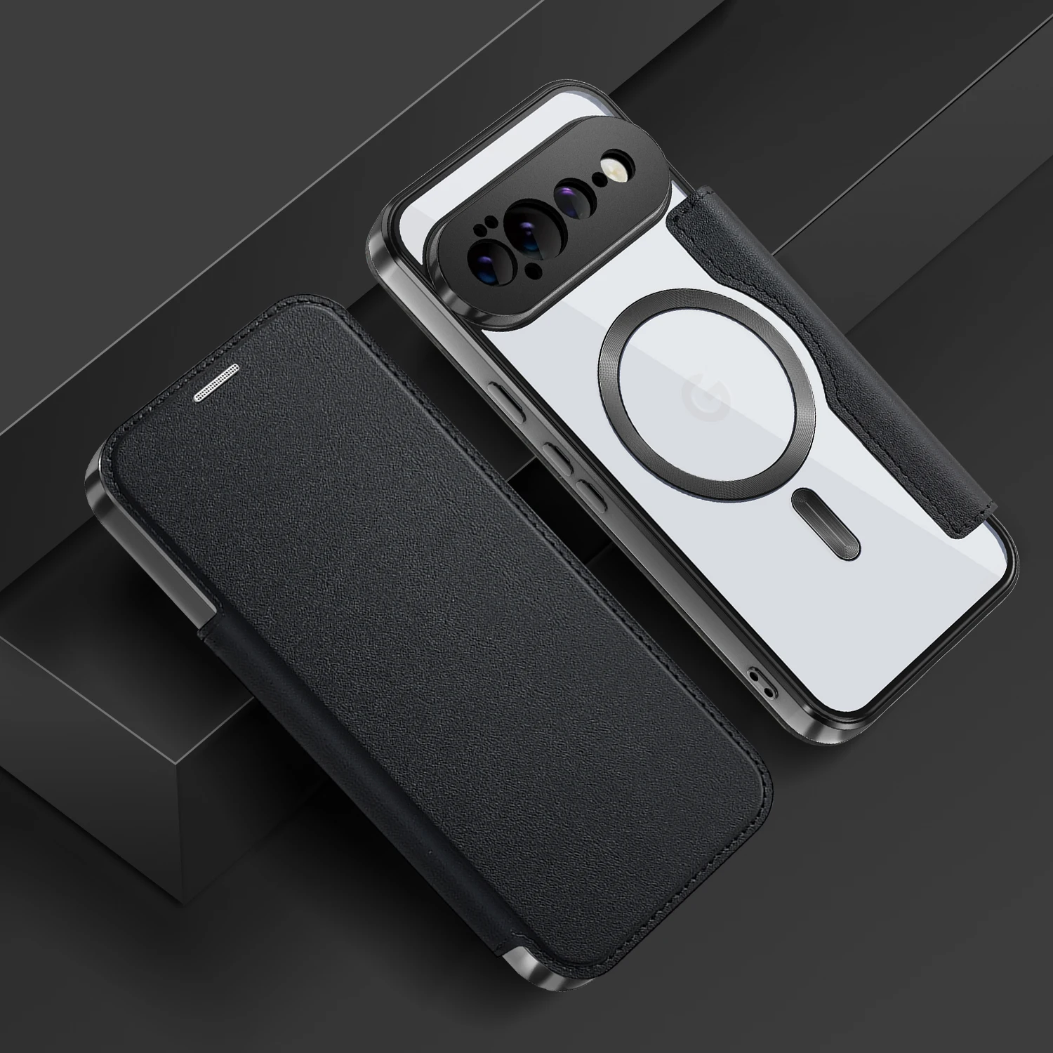 Luxury Leather Wallet Card Clip Clear Phone Case with Magnetic Wireless Charge Flip Cover
