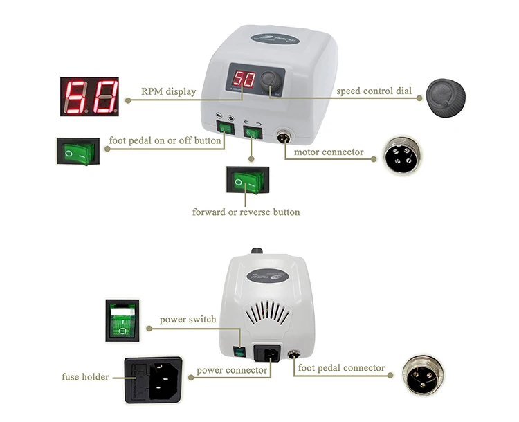 RHJC PRIME 221 Bürstenloser Mikromotor 50.000 U/min 120W Geräuscharmer Nagelkunst- und Schmuckpoliermotor mit Fußpedal & Digitalanzeige – Detail 2