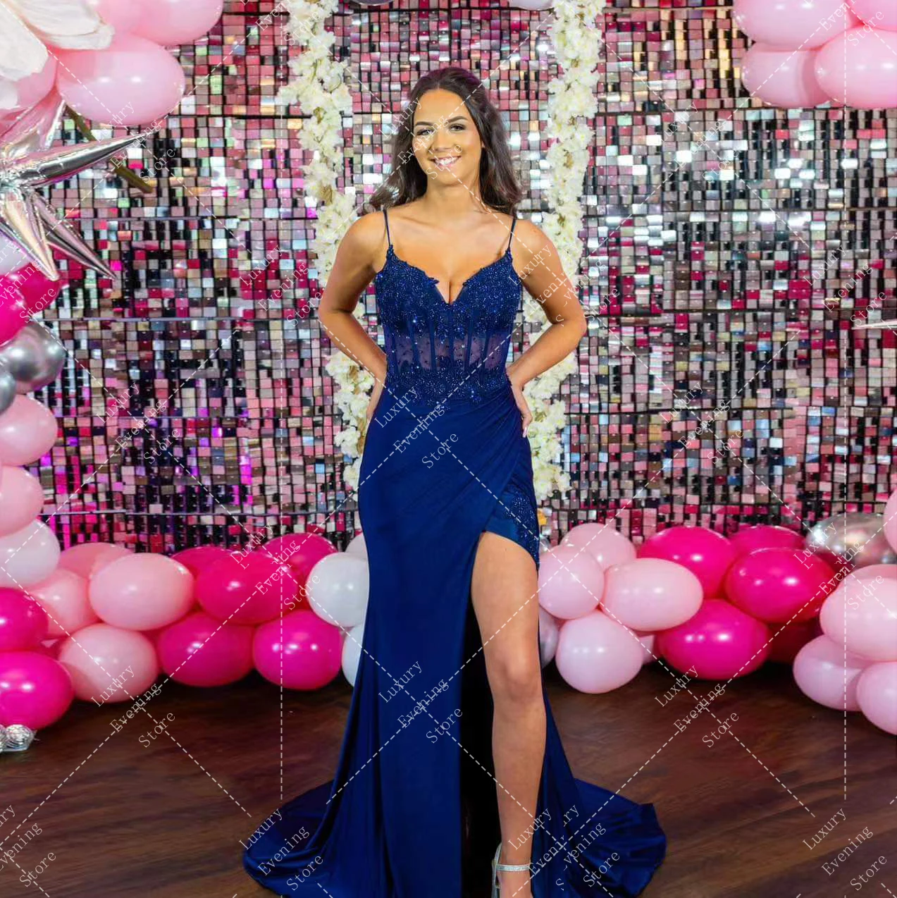 

Luxury Celebrity Evening Dresses A Line Woman's Sequined V Neck Sexy Side High Split Formal Elegant Prom Gowns 2024 Vestidos