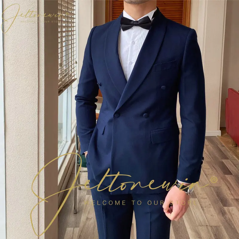 

JELTONEWIN 2022 модные темно-синие мужские свадебные костюмы для жениха смокинг двубортная деловечерние для вечеринок куртка брюки для шафера