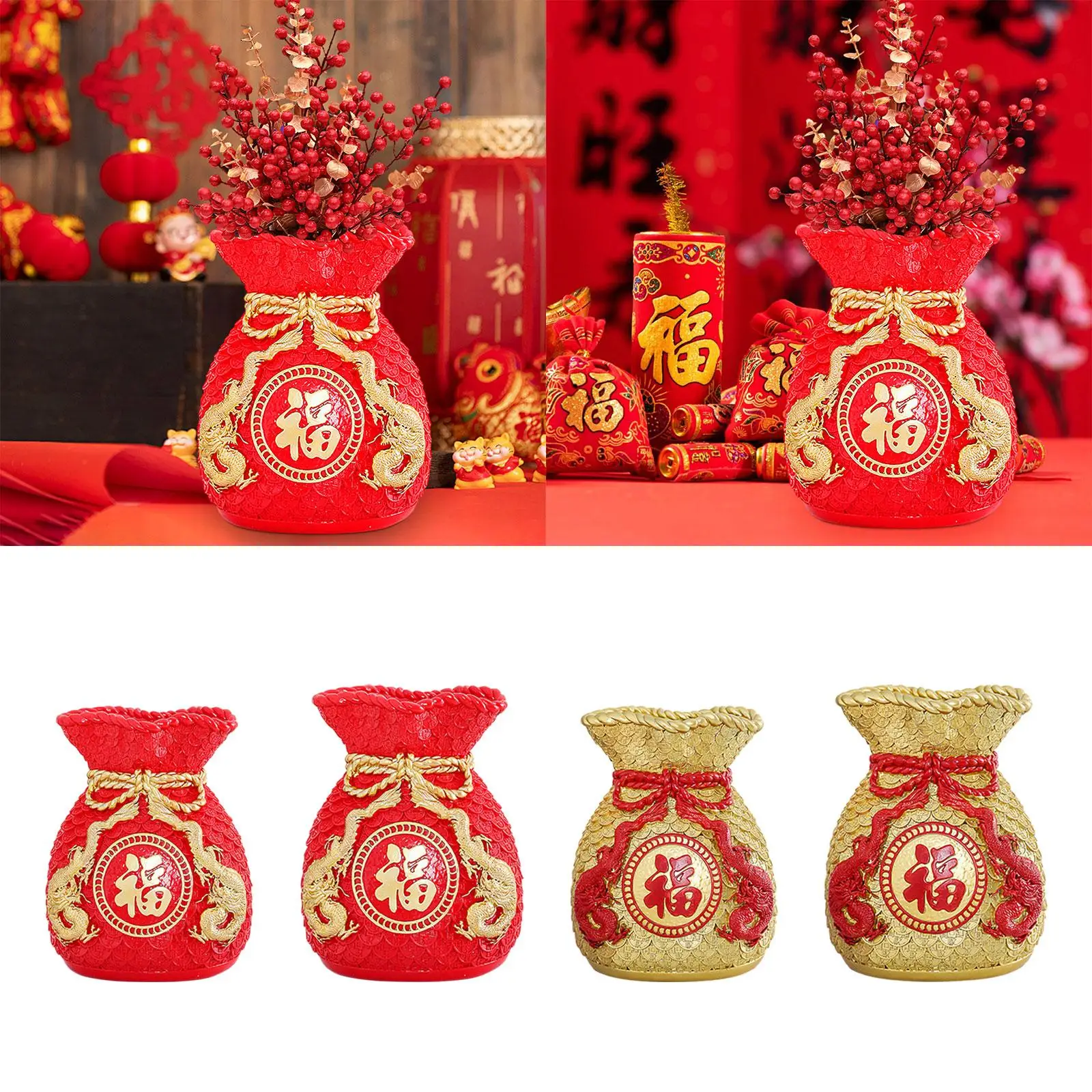 Chinese New Year Feng Shui Blessing Bag Vase Decor Money Bag Figurine Art Table Decoration for Home Arrangement Multifunctional