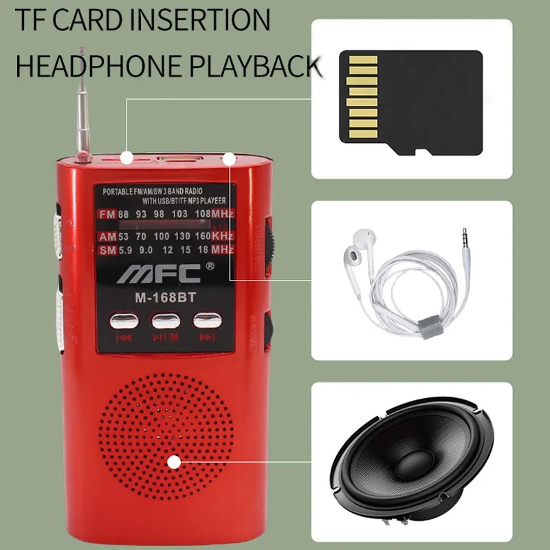 Mini Pocket FM AM SW Radio Portable Full Band Radios Wireless Bluetooth Speaker with LED Flashligh Support TF Card USB Play