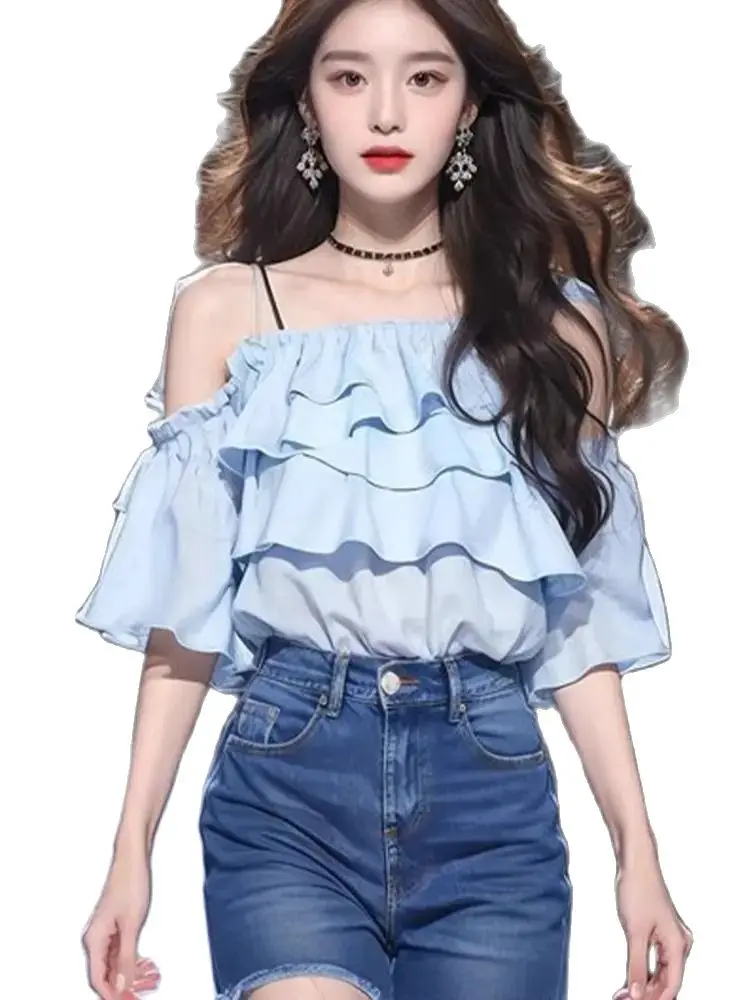 Korea Shirt Off Shoulder Blusas Mujer Woman Short Sleeve Crop Tops Sexy Blouse Women Elegant Top Dropshipping