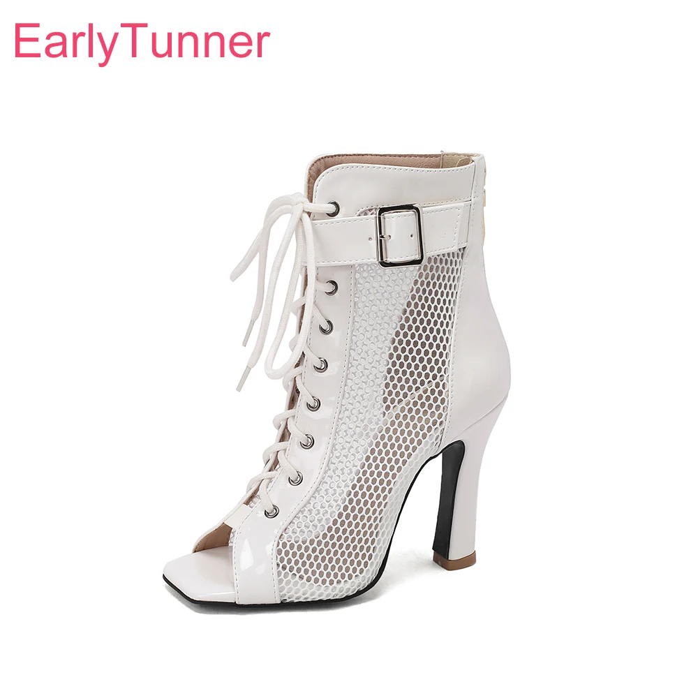 

2023 New Summer Sweet White Pink Women Sandals Hot Mesh High Square Heels Lady Party Shoes Plus Small Big Size 32 12 43 45 48