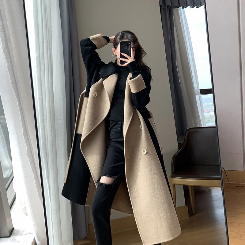 French Color Blocking Medium Long Woolen Coat For Women In Spring And Autumn 2022 New Korean Style Thin Woolen Coat for tesla modely 3 fly net removable medium mesh air inlet protective cover water blocking strip accessories