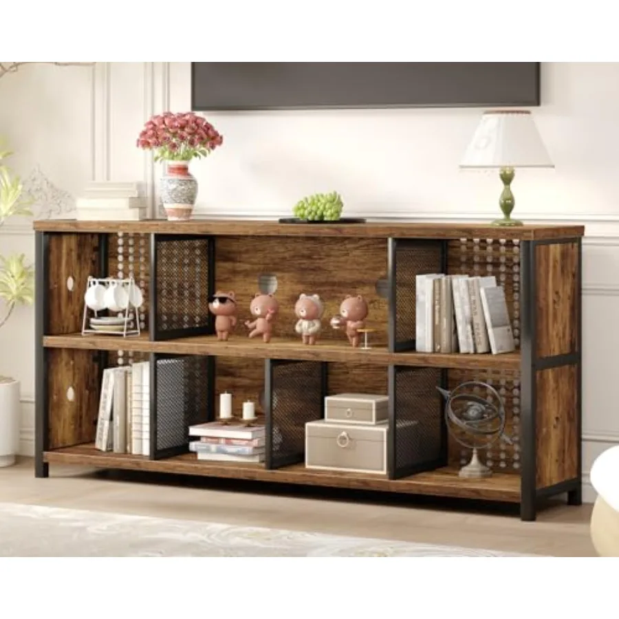 Rustic Horizontal Bookshelf Industrial Bookcase Cube Storage Organizer Wide Large Metal Wooden Office Cube Shelf Farmhouse Low