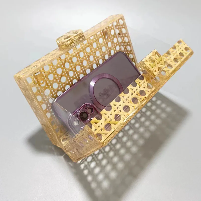 Woven Rattan Hollow Acrylic Clutch Handbag for Women Trend 2024 Square Straw Bag Crossbody Shoulder Hard Purse bolsos Aesthetic