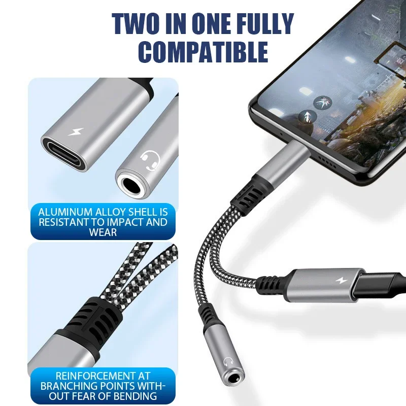 2 in 1 USB Type C To 3.5mm Aux Audio Splitter PD60W Fast Charging Cable For Xiaomi Samsung Huawei MacBook Headphone Jack Adapter