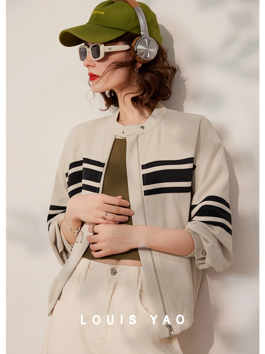 LOUIS YAO Women Jacket 2024 Spring New Round Neck Long Sleeve Contrast Color Striped Loose Fit Fashionable Women's Coat