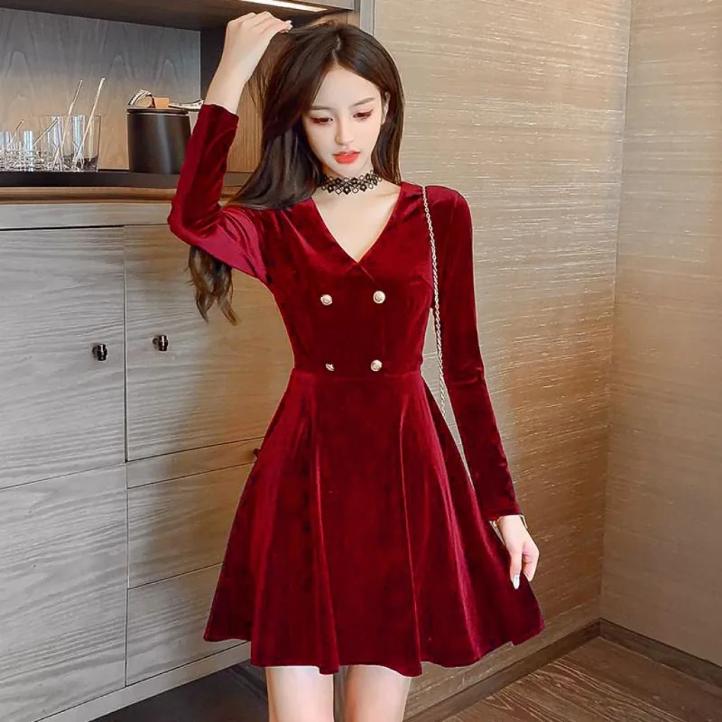 Women Spring Autumn Korean Fashion Solid Color Pleuche V-neck Long Sleeve Dresses Ladies All-match Temperament A-line Skirt 2