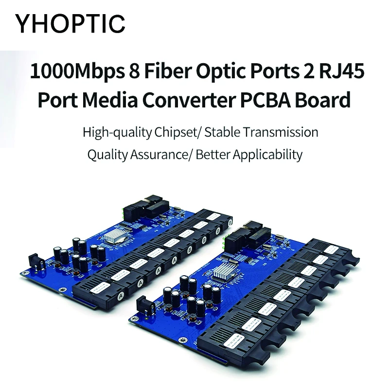 단일 모드 광섬유 변환기, PCBA 보드, 8개의 광섬유 포트, 2개의 RJ45 포트, 0-20KM, 1310/1550