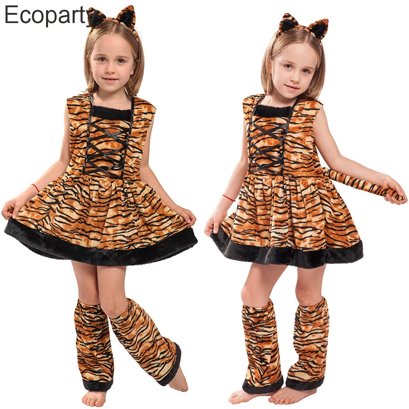 

New Kids Tiger Cosplay Costume Girls Lovely Sleeveless Tiger Printed Dress With Tail Halloween Purim Carnival Stage Show Outfits