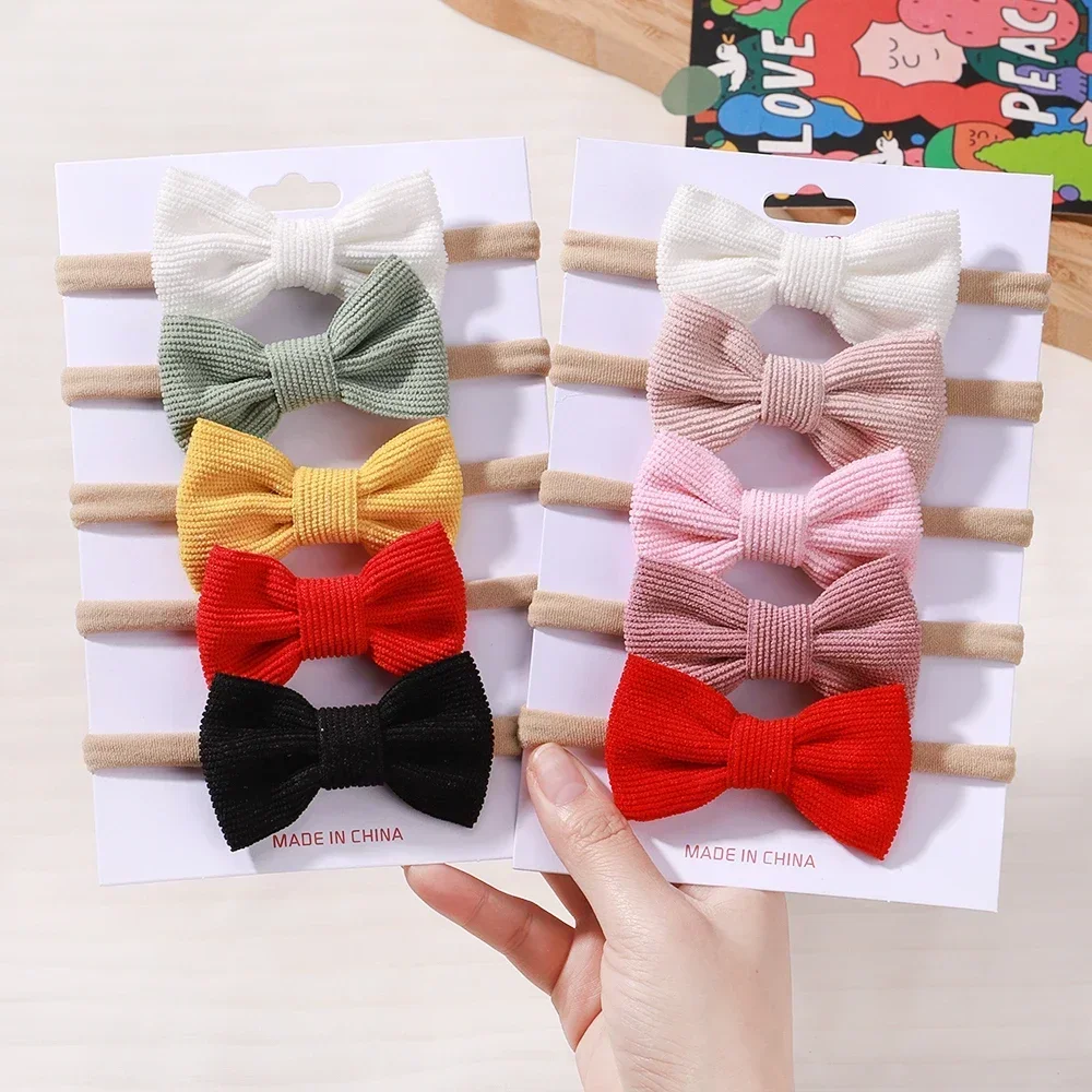 5Pcs/Set Elastic Baby Headband Solid Corduroy Ribbon Baby Bows Headscarf Hairband Newborn Cute Knitted Headband Hair Accessories 4