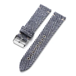 Vintage Genuine Leather and Tweed Nylon Quick Release Watch Band, Available in Multiple Sizes - 22mm (BlueWhite)