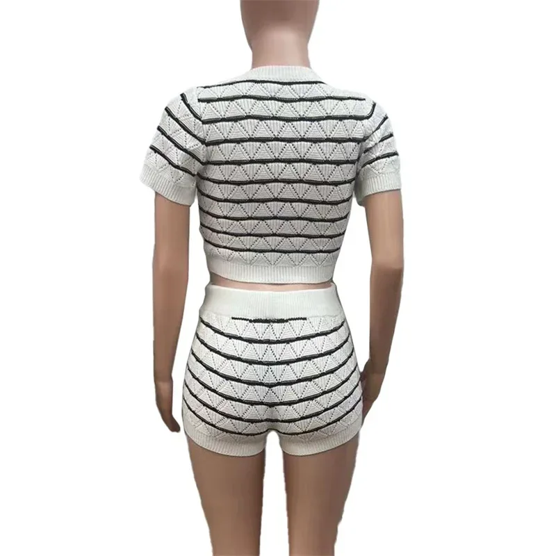 Summer Striped Wave Short Tops Women Two Piece Sets Shorts Fashion Casual Sweaters Female Suits Elastic Waist Ultra-short Pants