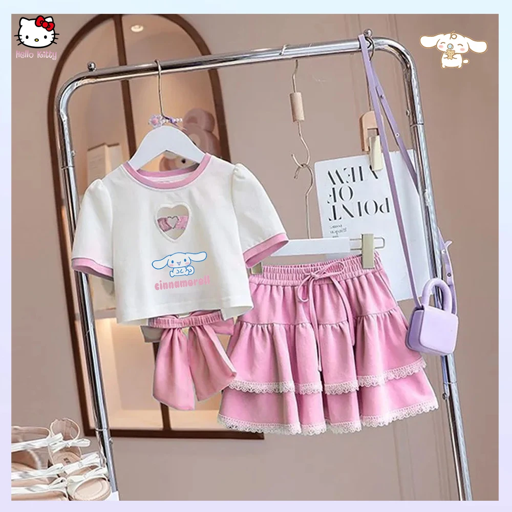 

Новинка Kawaii летние модные комплекты для девочек Sanrios аниме Cinnamoroll подростковый корейский стиль Топ с бантом юбка футболка милая детская одежда