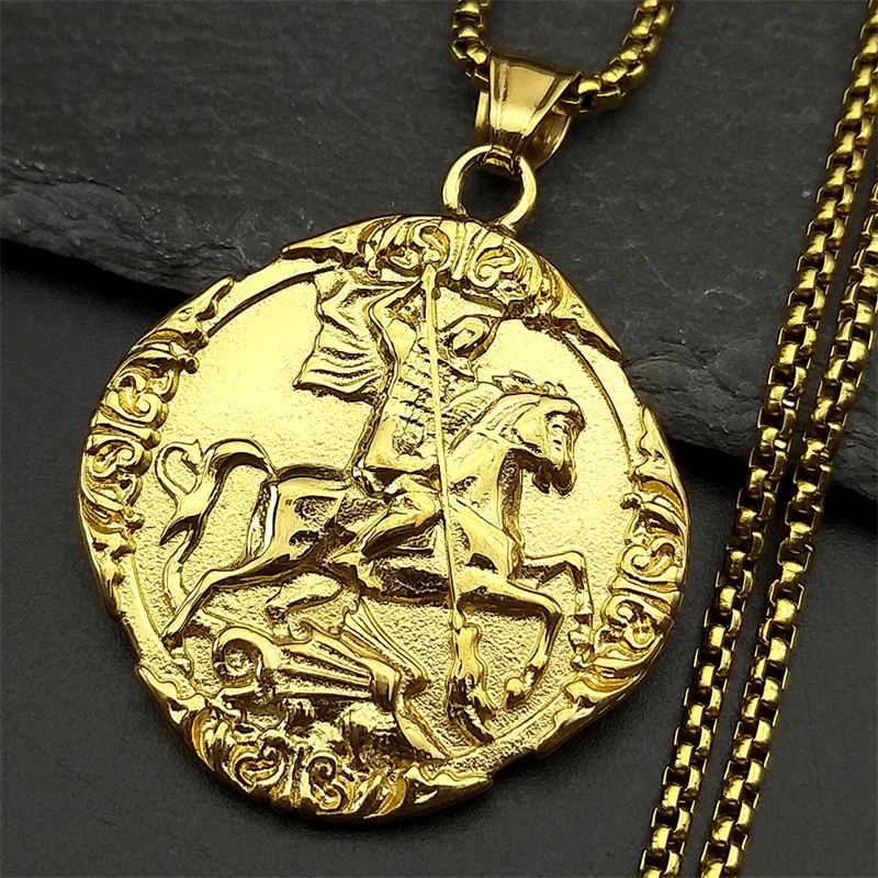 St George Necklace Gold Stainless Steel Christian Religious Protection Medal
