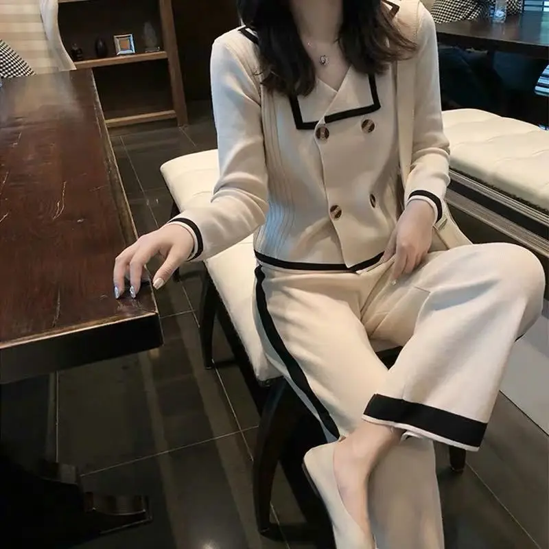 

Knitted Cardigan Wide Leg Pants Matching Sets For Women Spring Thin Temperament Casual 2 Piece Streetwear Korean Trendy Clothes