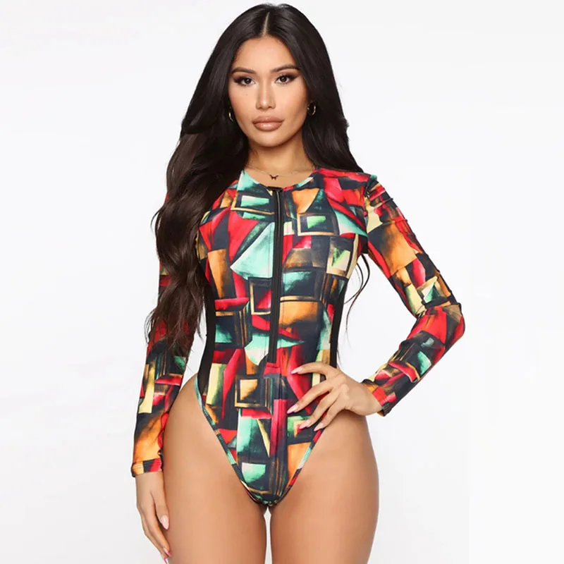 

One Piece Long Sleeve Swimsuits Women Swimwear with Zipper Summer Bathing Suit Beachwear High Cut Female Bodysuit Mujer Monokini