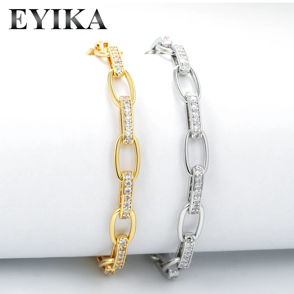 

EYIKA Unique Design Hollow Thick Chain Zircon Bracelet Women Men Street Style Punk Jewelry Gold Plated Curb Link Chain Bracelet