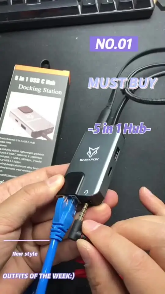 Sarafox 5in1 USB-C 3 5 мм аудио с сетью Rj45 1000 Мбит/с быстрое зарядное устройство PD 100 Вт для