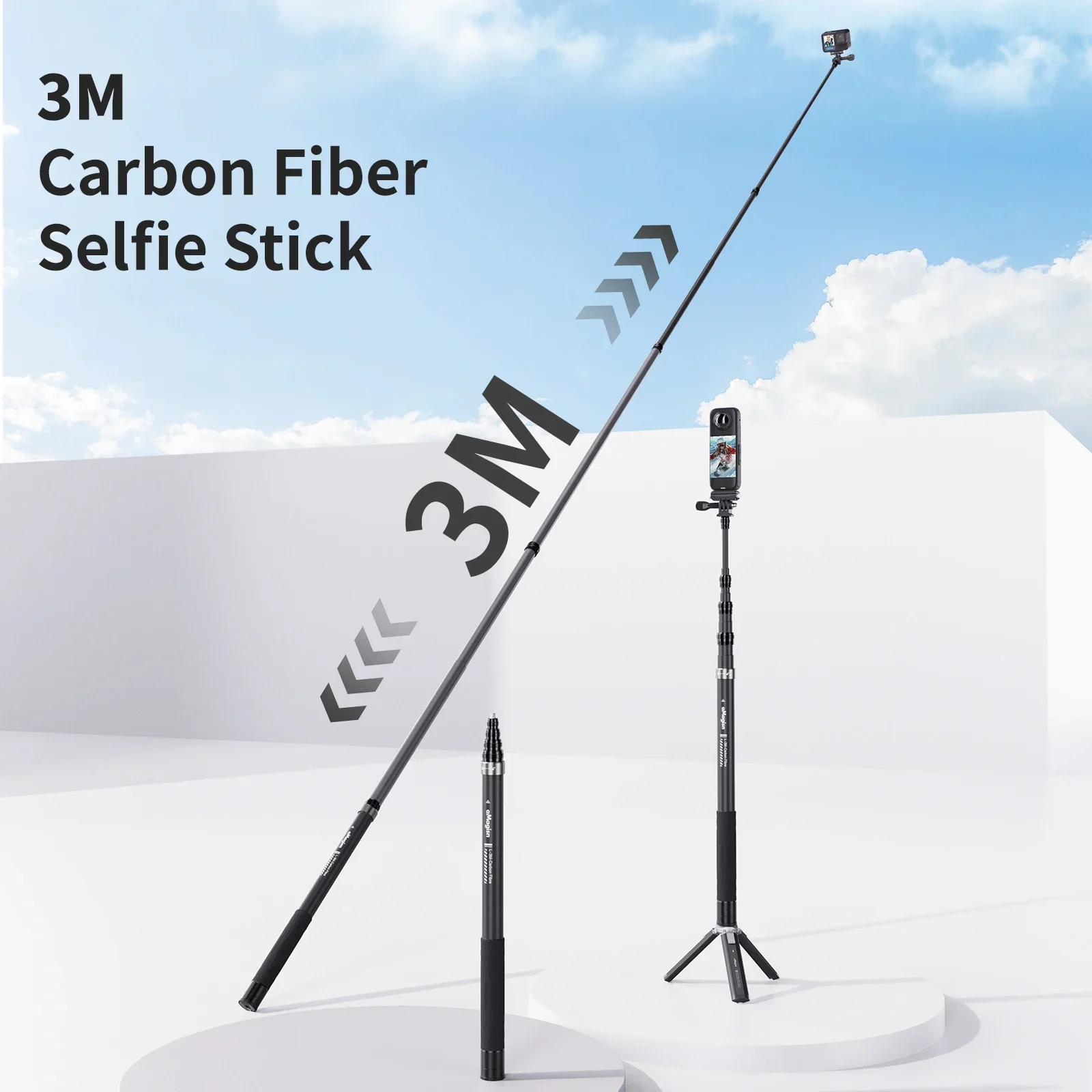 Sports Camera Selfie Stick 3M Carbon Fiber for DJI Action 5 Pro 4 3 Gopro Hero etc.
