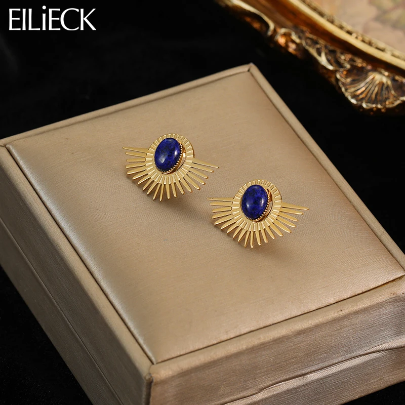 EILIECK316LStainlessSteelOvalDarkBlueStoneStudEarringsFor