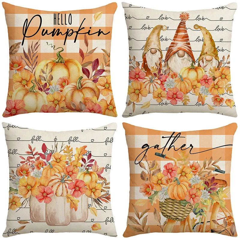 

Thanksgiving Pumpkin Plaid Pillowcase 45x45cm Flowers Plant Printed Cushion Cover Lovely Gnomes Pillow Cover Holiday Decorations