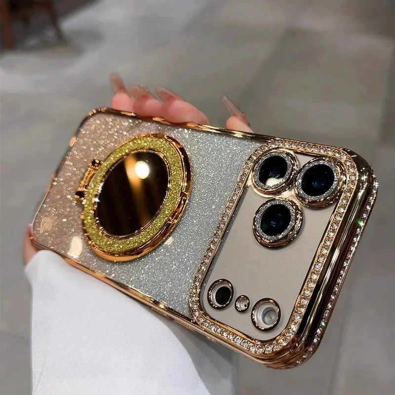 Luxury Diamond Clear Glitter MagSafe Case with Mirror Magnetic Phone Holder and Stand