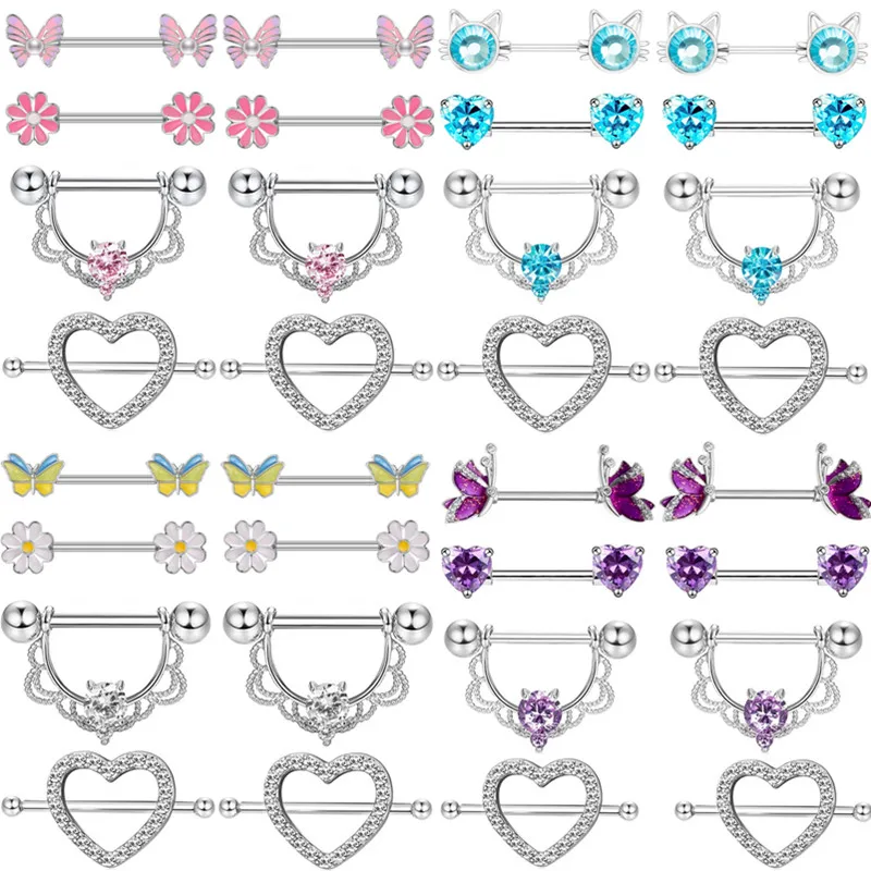 FashionFlowerNipplePiercingJewelrySetSteelCrystalHeartNipple