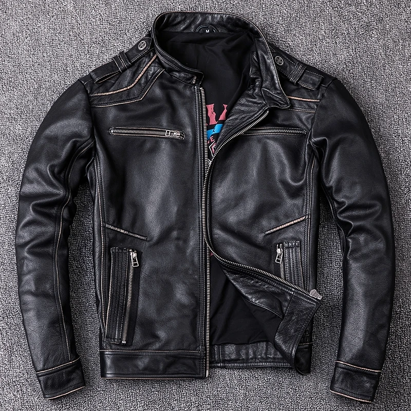 Veste en cuir de vachette véritable noir rétro pour hommes