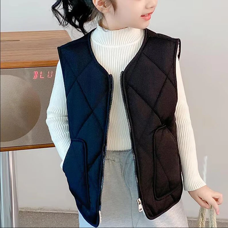 가을 겨울  ??두꺼운 따뜻한 조끼 솔리드 컬러 소년 소녀 민소매 자켓 유형 지퍼 조끼 캐주얼 스타일 아동 조끼