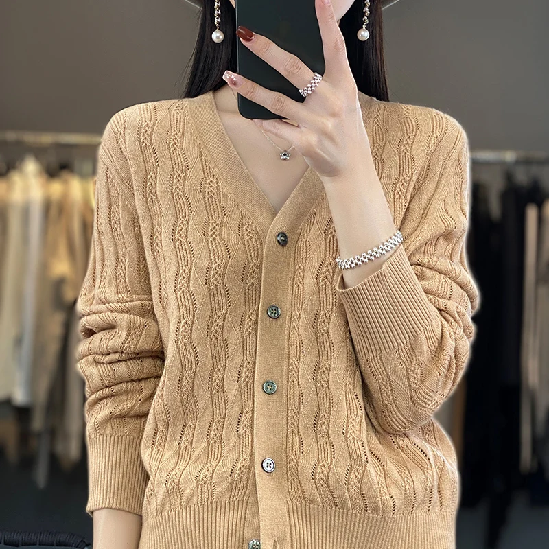 

2024 spring and summer new V-neck worsted woolen cardigan women's fashion coat long sleeve hollow-out top all match