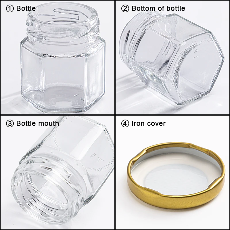 Mini Hexagonal Glass Honey Jars-Small Honey Jars-With Gold Lids For Baby Shower, Wedding And Party Favors