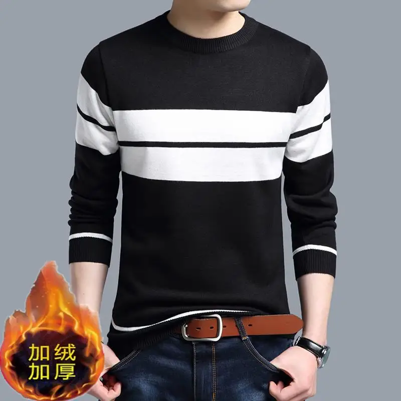 Autumn Winter New Striped Fashion Long Sleeve Sweater Men High Street Casual Loose Pullovers Plus Velvet All-match Y2K Tops